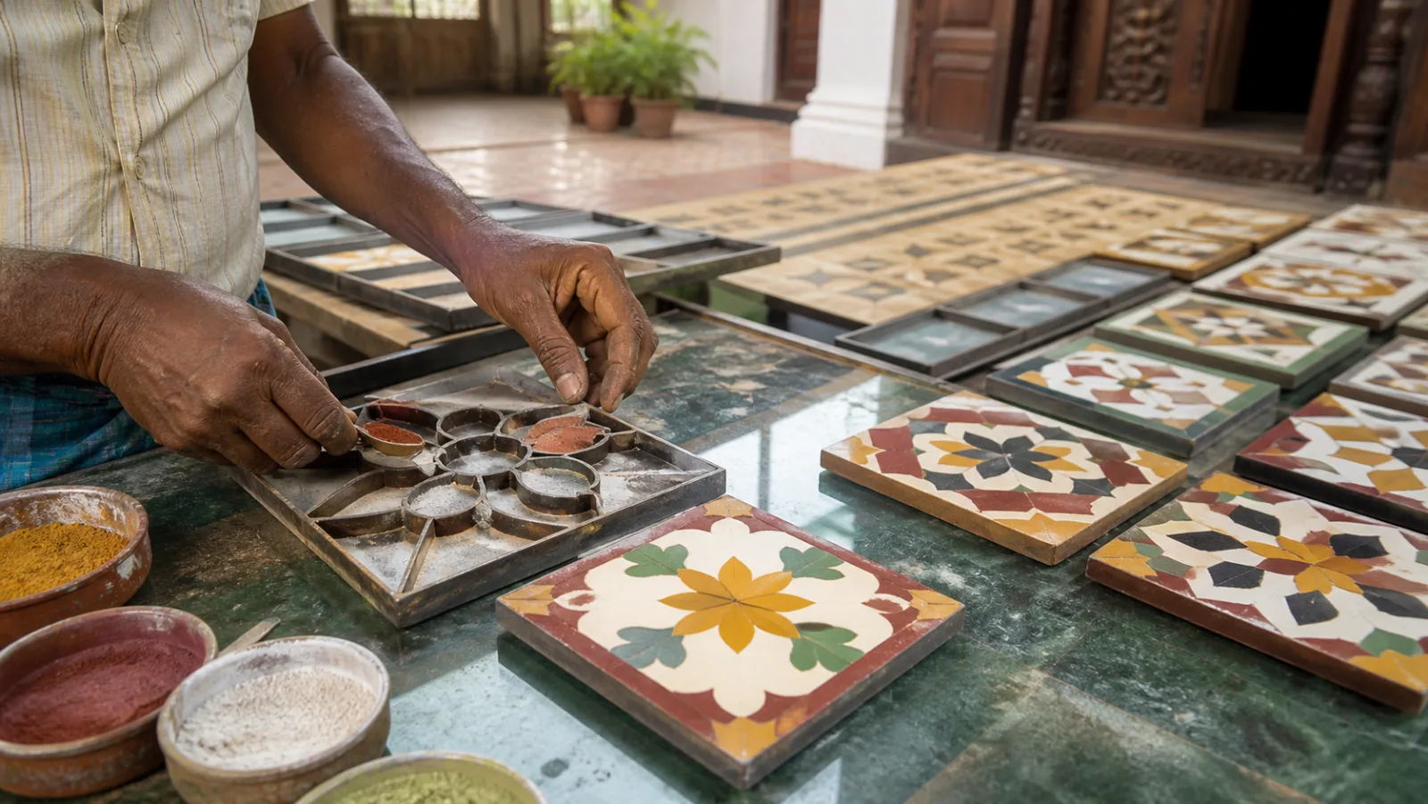 Editorial interpretation of an artisan working with a metal pattern divider among patterned tiles in a Chettinad courtyard workshop