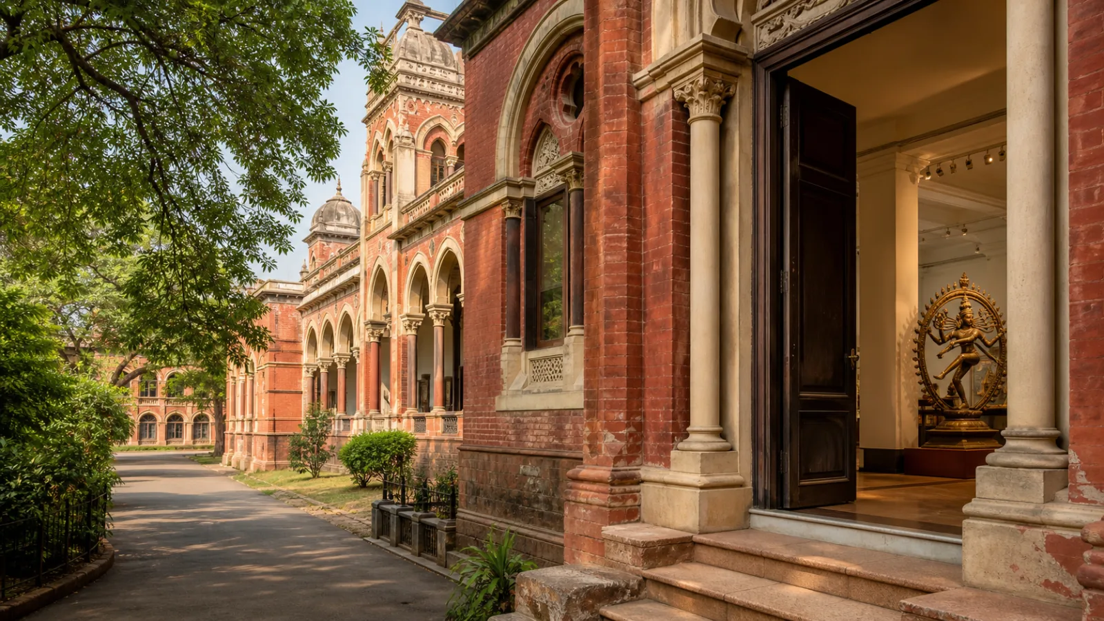 Editorial interpretation of Chennai Government Museum's red-brick Egmore campus with a bronze gallery visible through an entrance