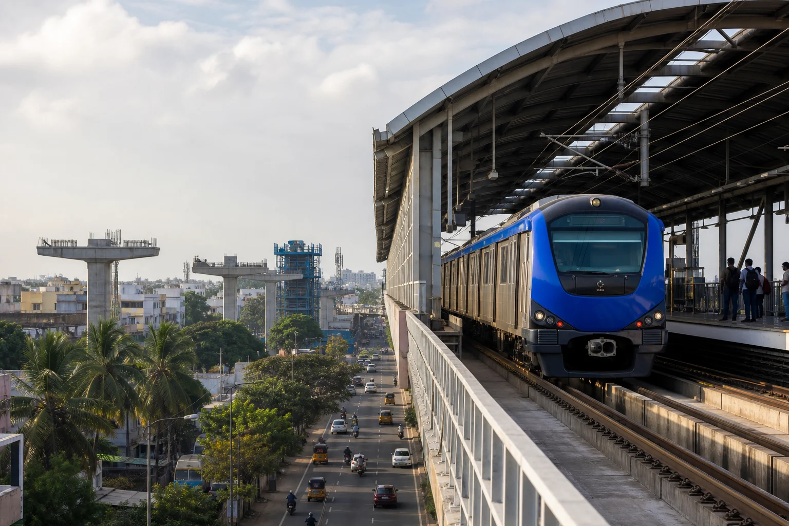Editorial interpretation of a Chennai Metro train at an elevated station with unfinished viaduct structures in the distance