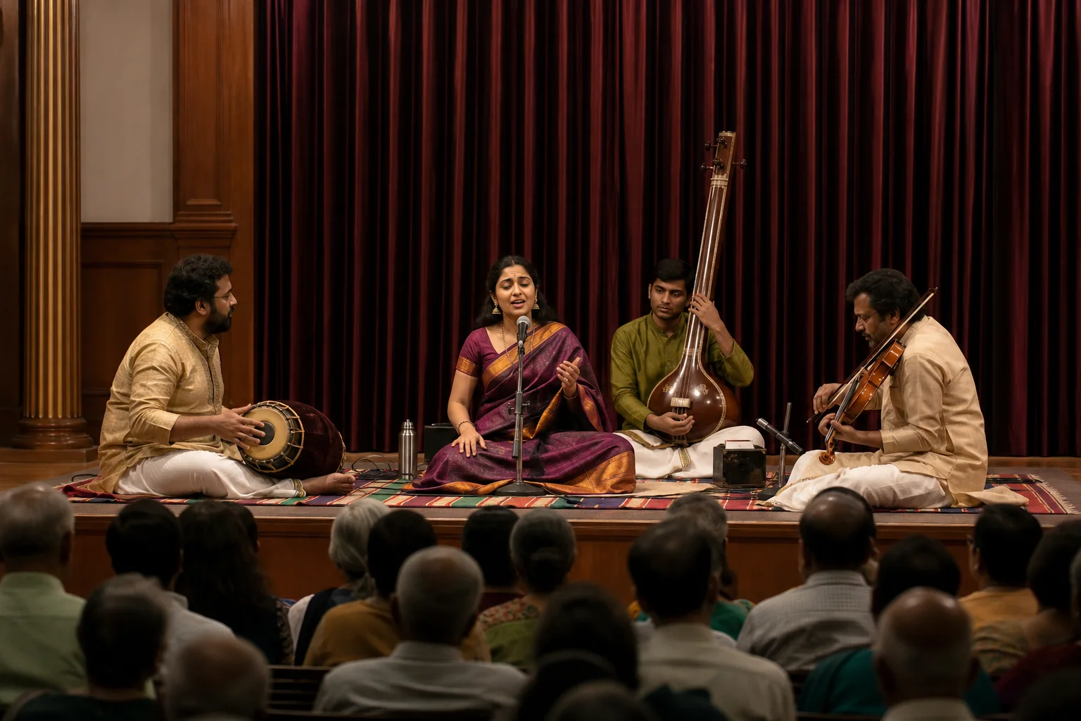 Editorial interpretation of a Carnatic music ensemble performing in an intimate Chennai auditorium