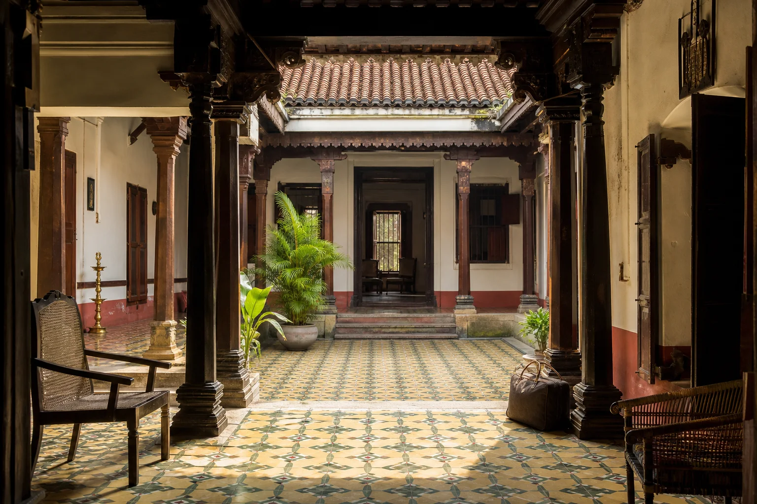 Editorial interpretation of a restored Chettinad mansion courtyard with timber pillars and patterned tiles