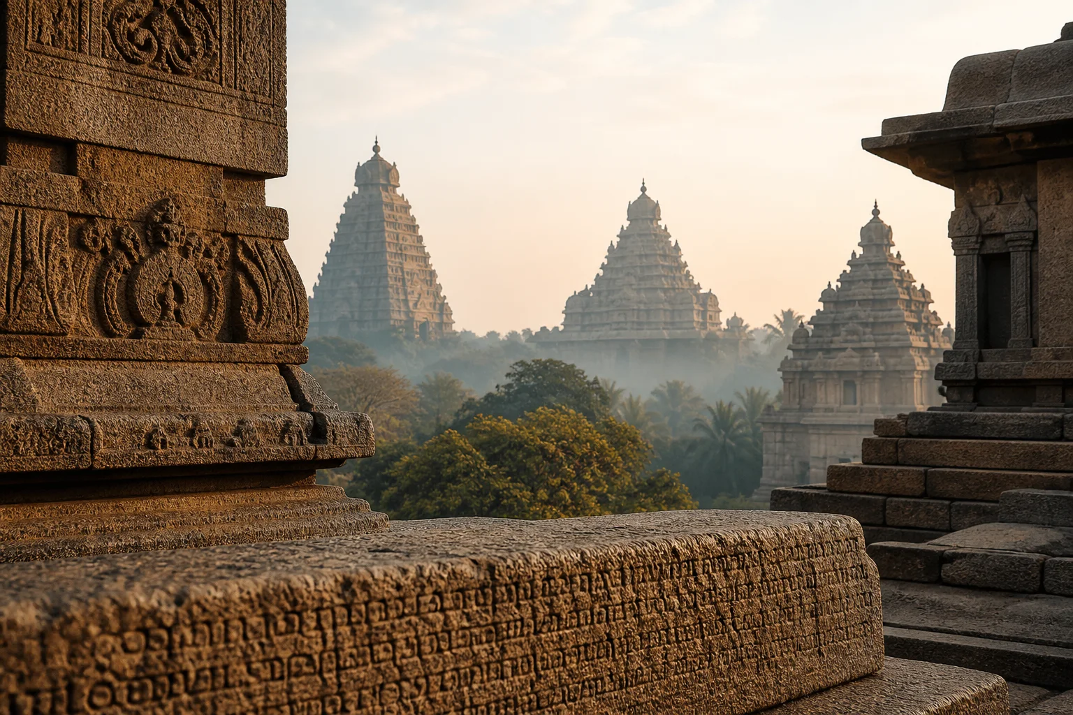 Project-created editorial interpretation of granite temple forms and inscription textures
