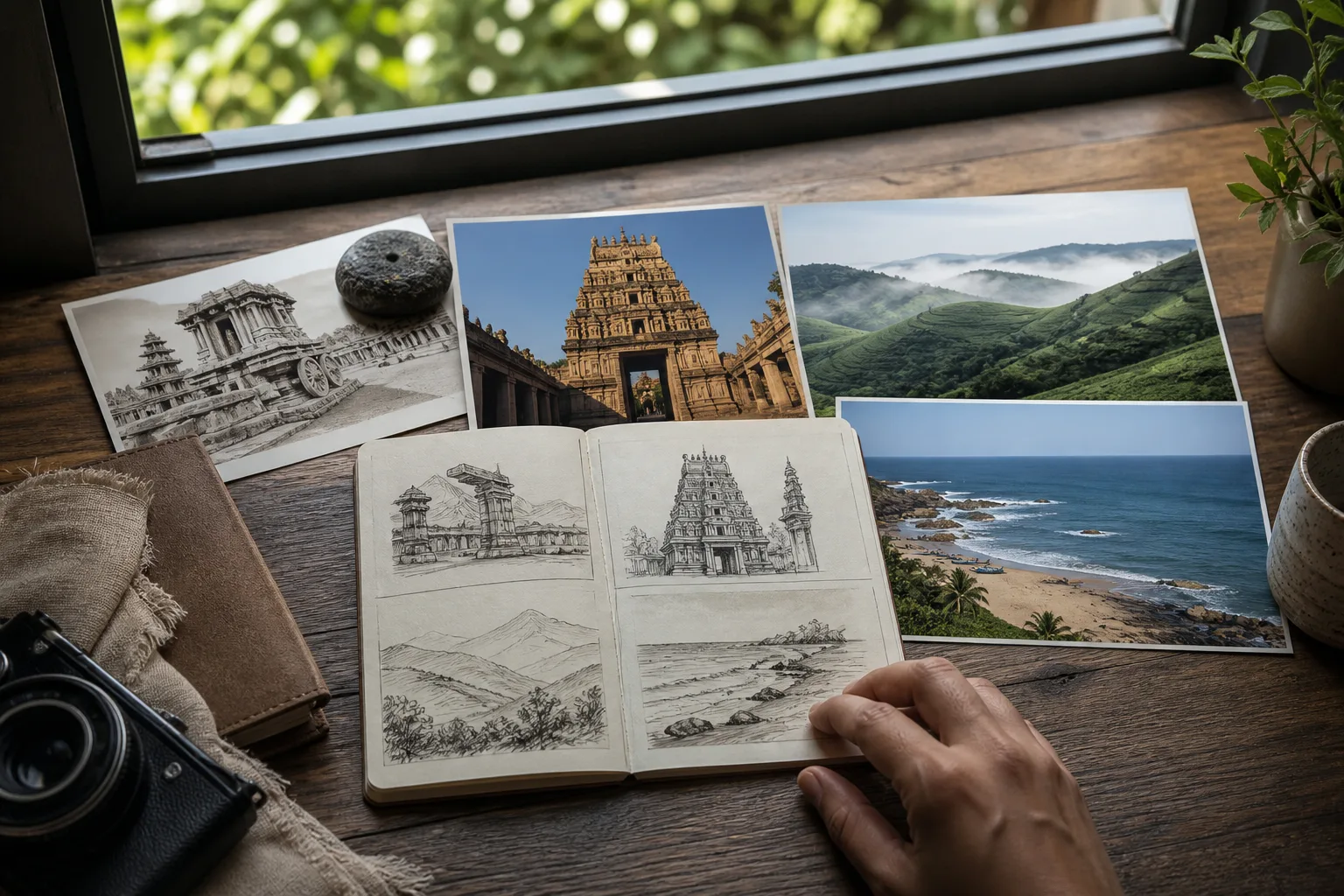 Project-created editorial travel table with heritage, temple, green hill and coast choices around a route notebook