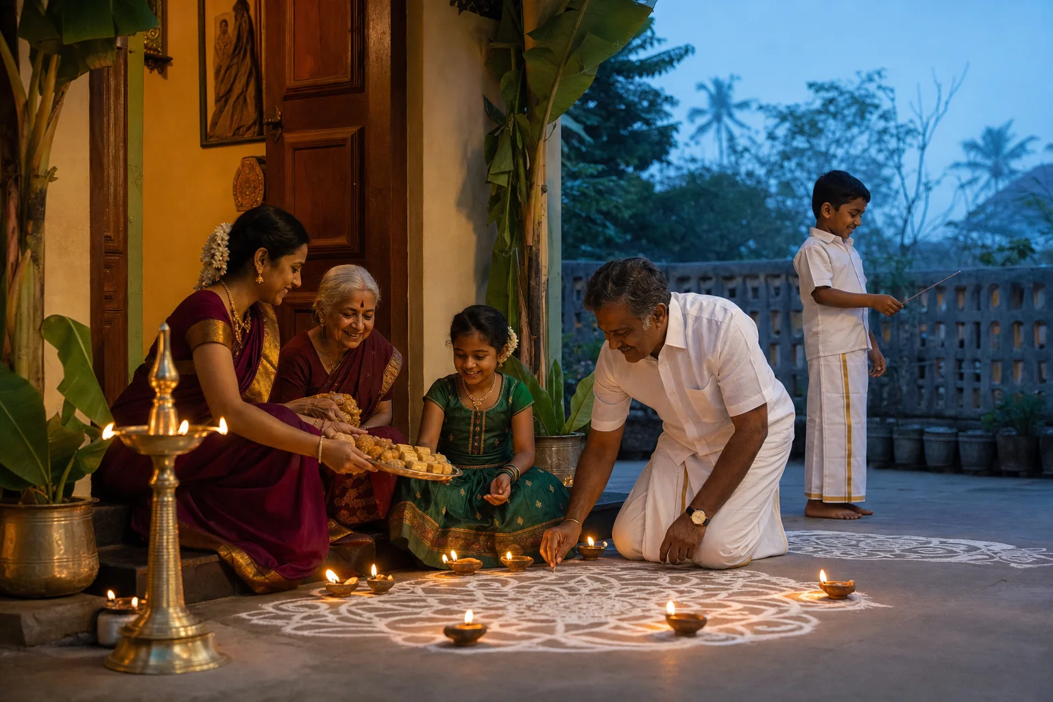 Editorial interpretation of a Tamil family arranging lamps and sweets at a kolam-decorated threshold at dawn