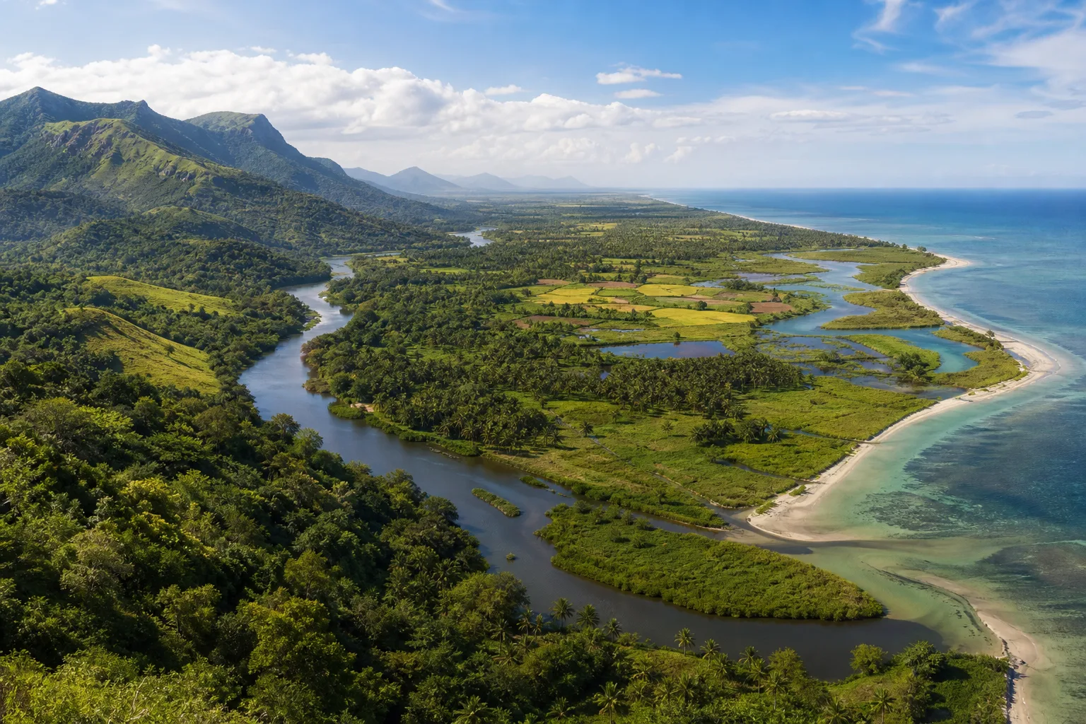 Project-created editorial panorama linking green highlands, river, wetlands and coast