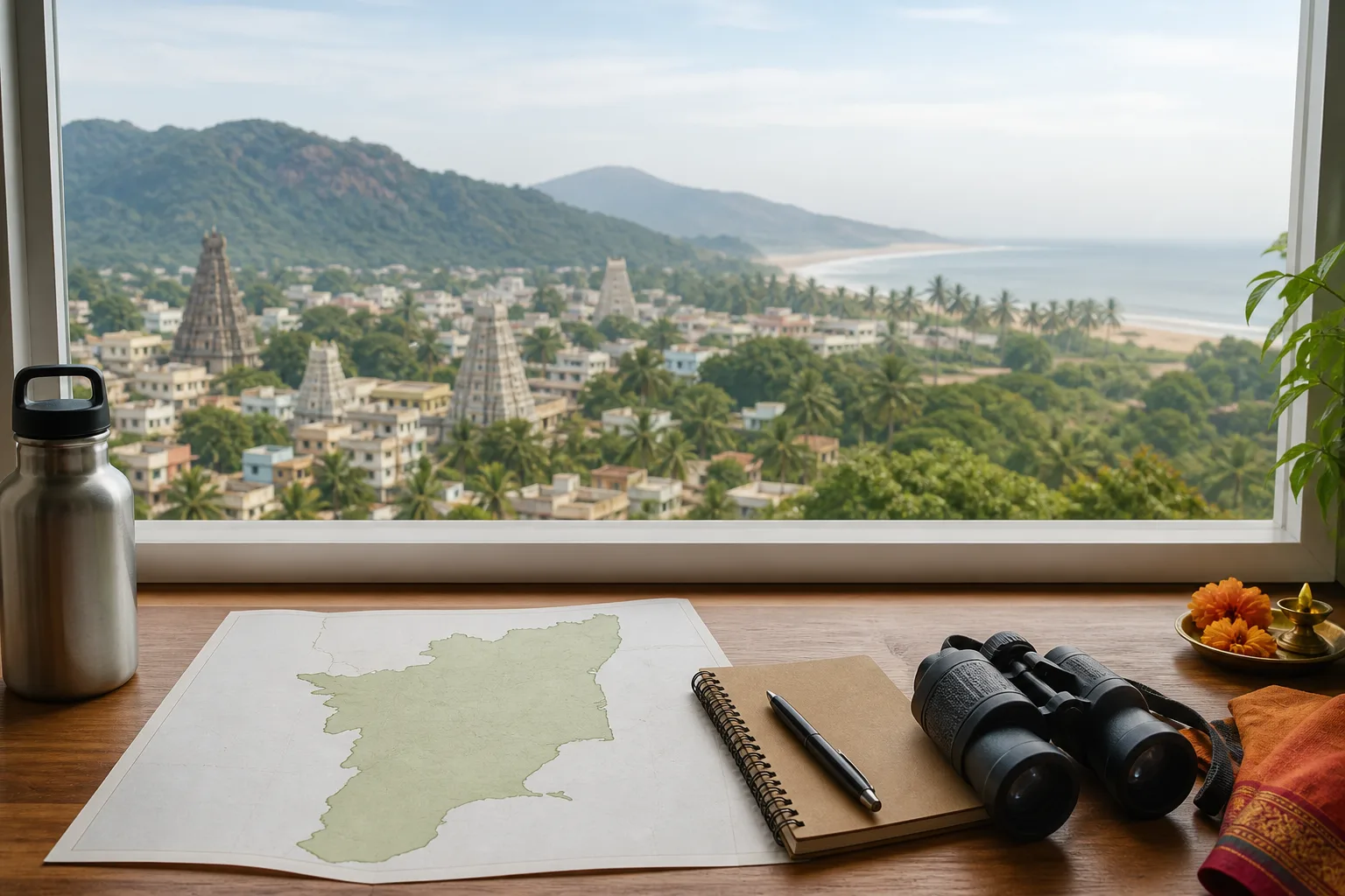 Project-created travel-planning scene with an unlabeled map, notebook and binoculars overlooking hills, a temple town and coast