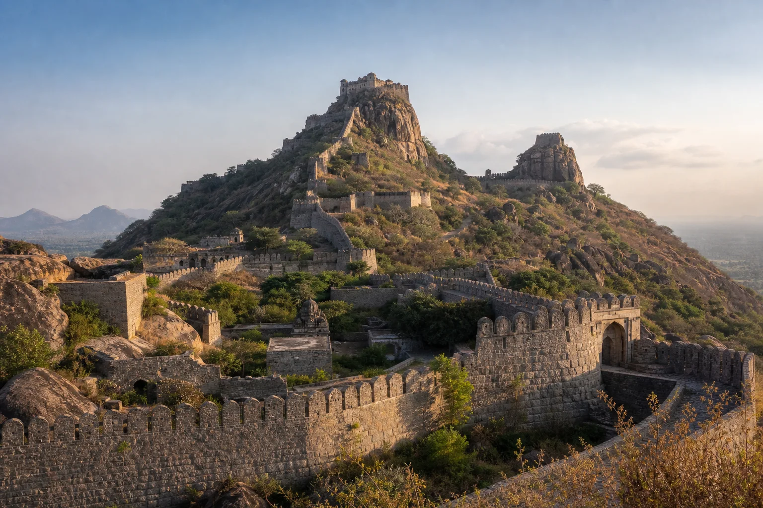 Editorial landscape interpretation of Gingee Fort walls climbing rugged granite hills