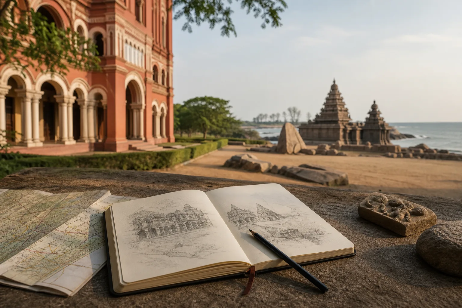 Project-created editorial composition of a Chennai museum arcade, coastal Pallava stone forms, and an open travel sketchbook