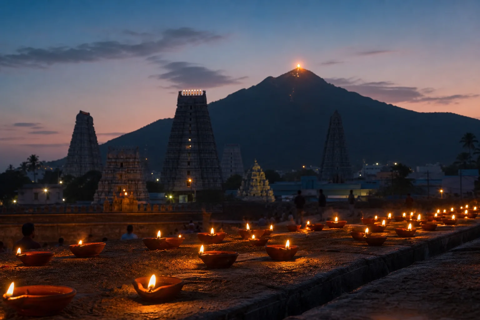 Editorial interpretation of oil lamps leading toward Arunachaleswarar Temple and Arunachala hill at dusk