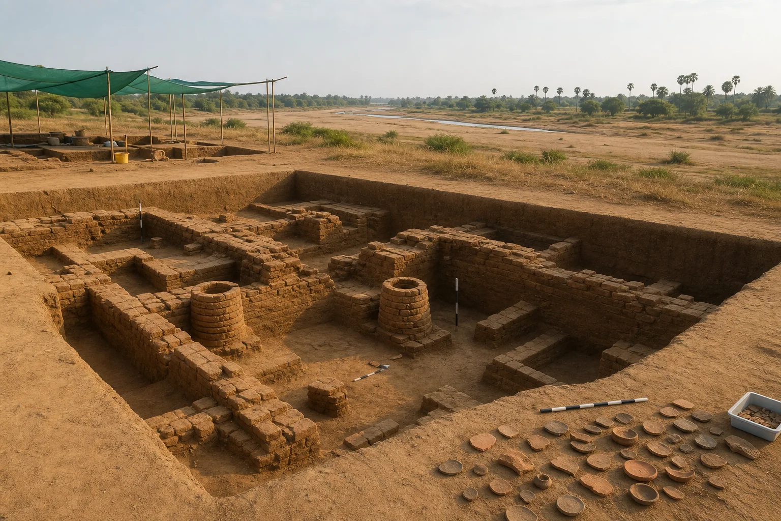 Editorial interpretation of an archaeological trench with brick remains and pottery in the Vaigai plains