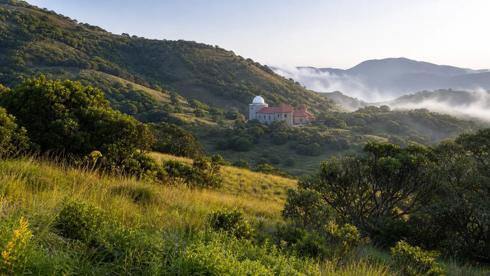 Editorial interpretation of Palani Hills shola-grassland slopes with a historic solar observatory in the middle distance