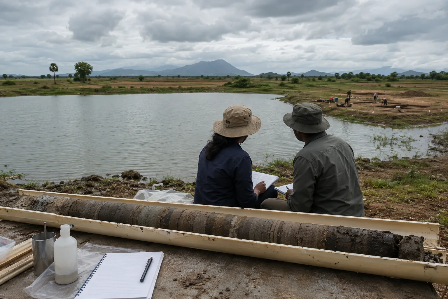 Editorial interpretation of researchers examining a layered sediment core beside an inland Tamil Nadu lake with an excavation grid in the distance