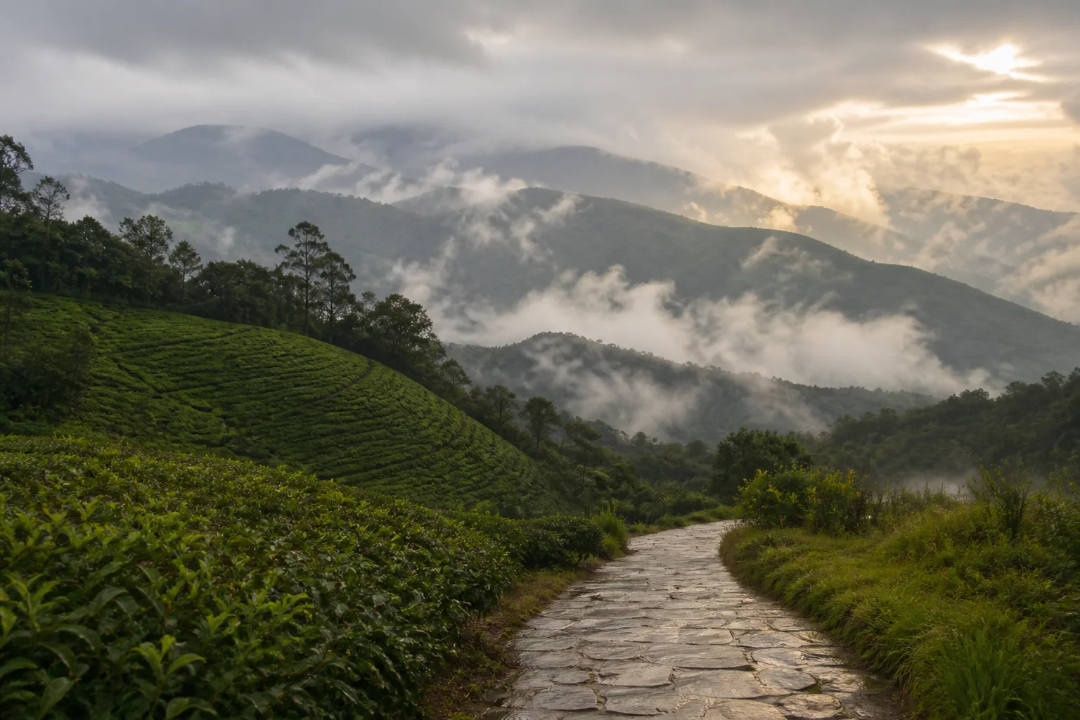 Project-created editorial view of rain-cleared green highlands under lifting cloud