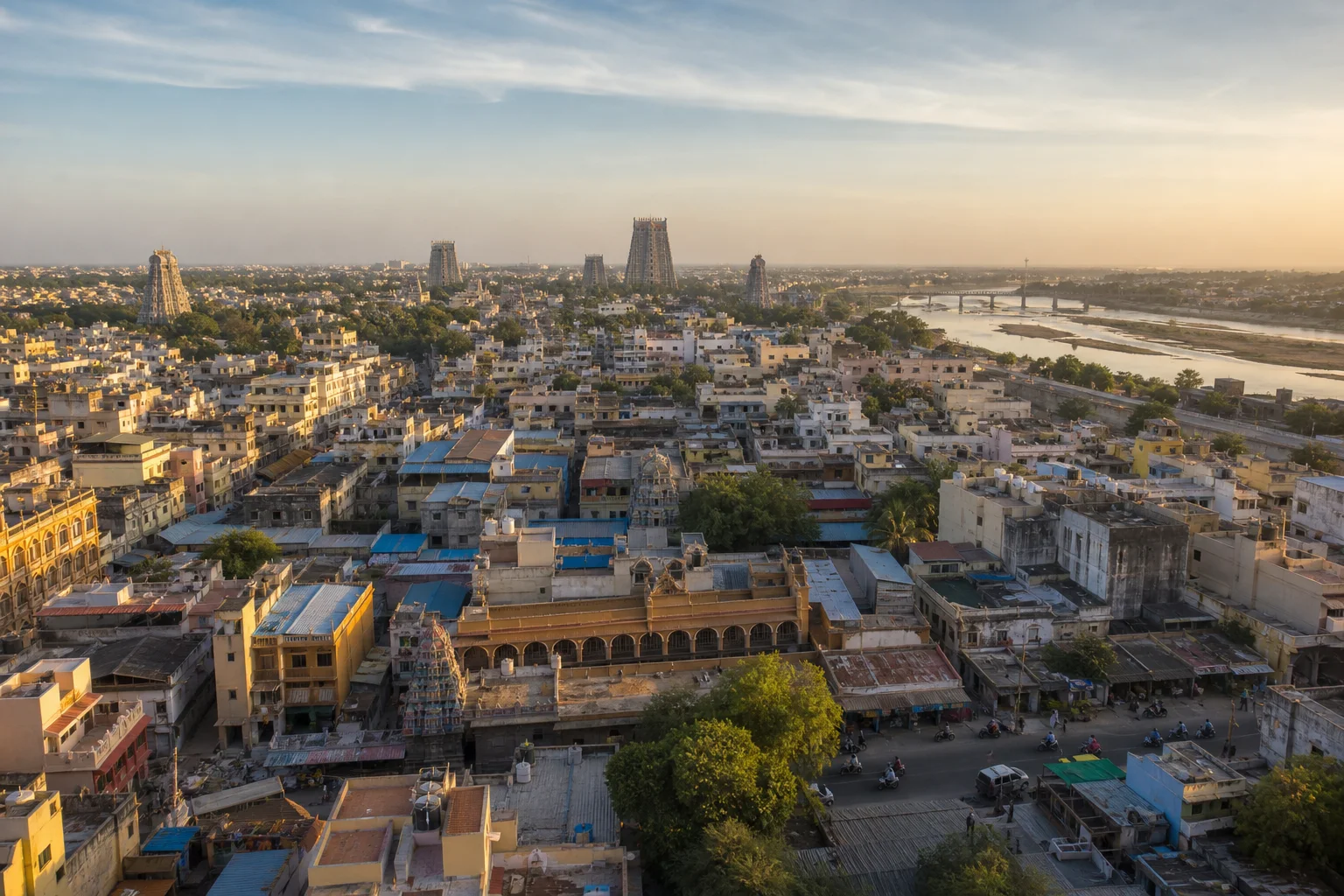 Editorial elevated interpretation of Madurai with dense streets, distant temple towers and the Vaigai river corridor