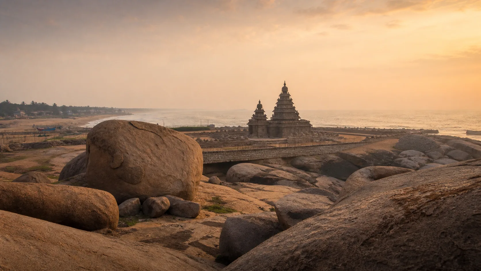 Editorial interpretation of Mamallapuram granite outcrops and the Shore Temple beside the Bay of Bengal at dawn