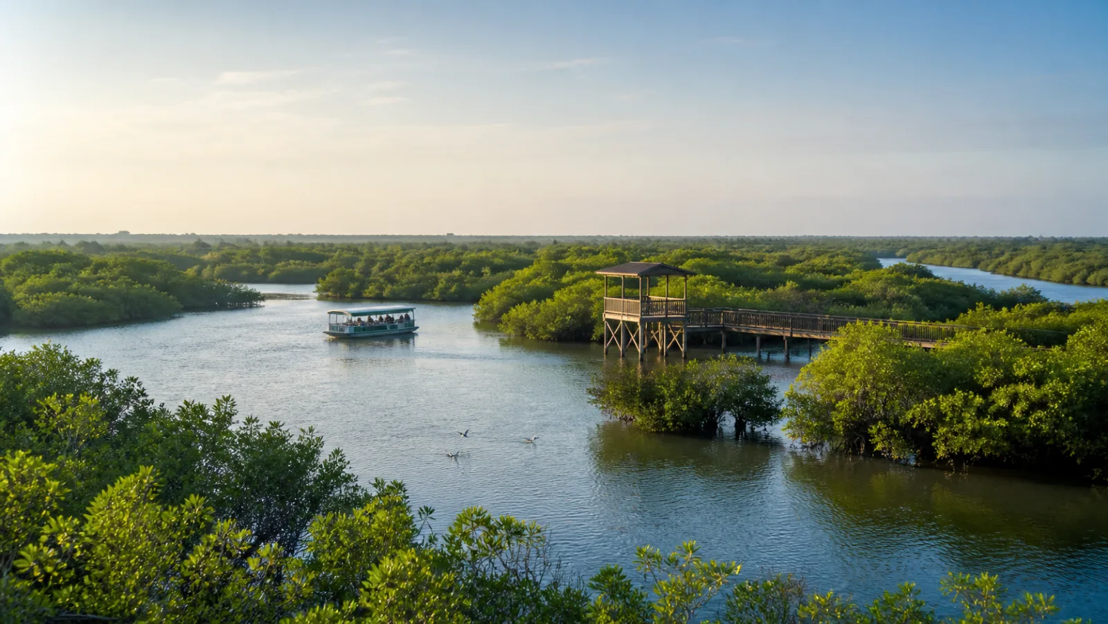Editorial interpretation of Muthupet lagoon with mangrove channels, a distant observation walkway and a small guided boat