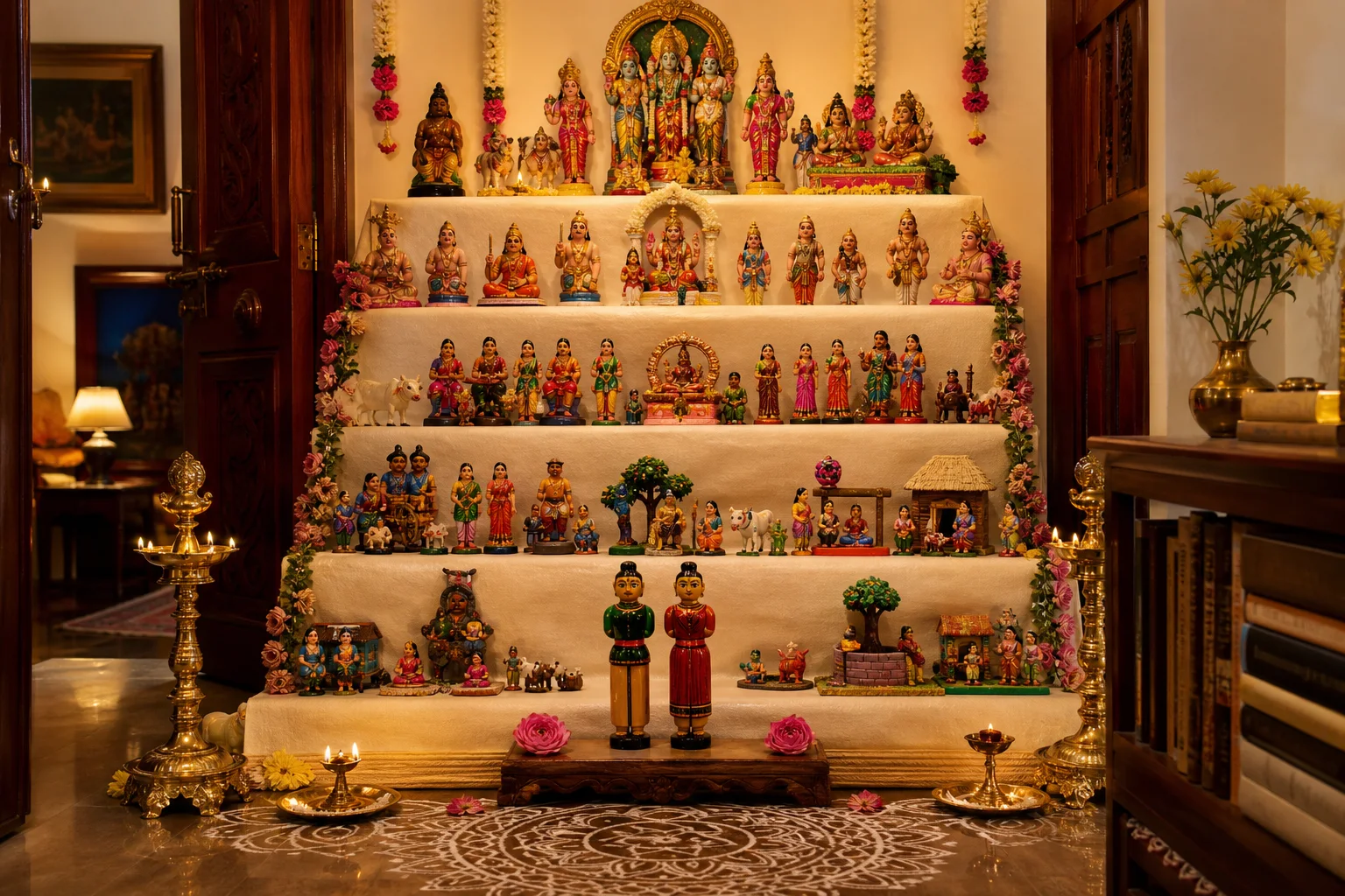 Editorial interpretation of a Tamil Nadu Navaratri Golu doll display arranged on illuminated steps