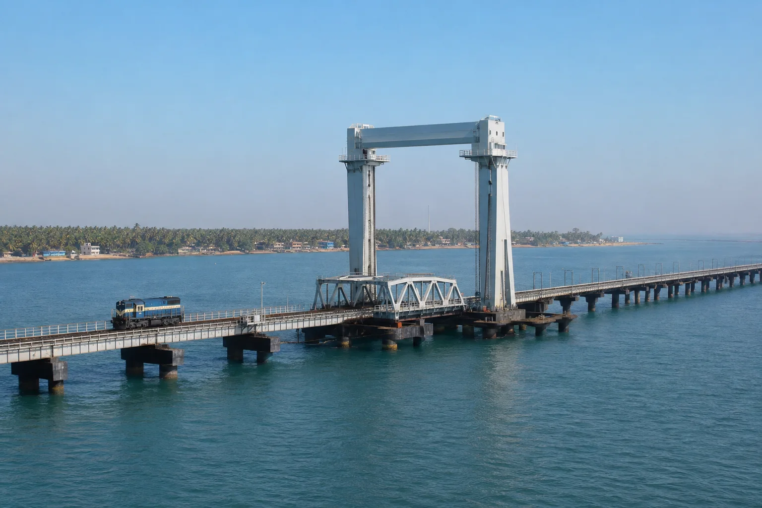 Editorial interpretation of the New Pamban railway bridge and its vertical-lift span across the sea