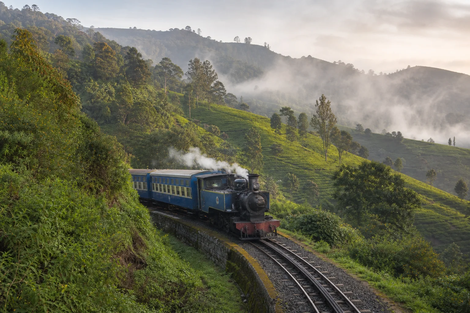 Editorial interpretation of a heritage train climbing through the green Nilgiri mountain landscape