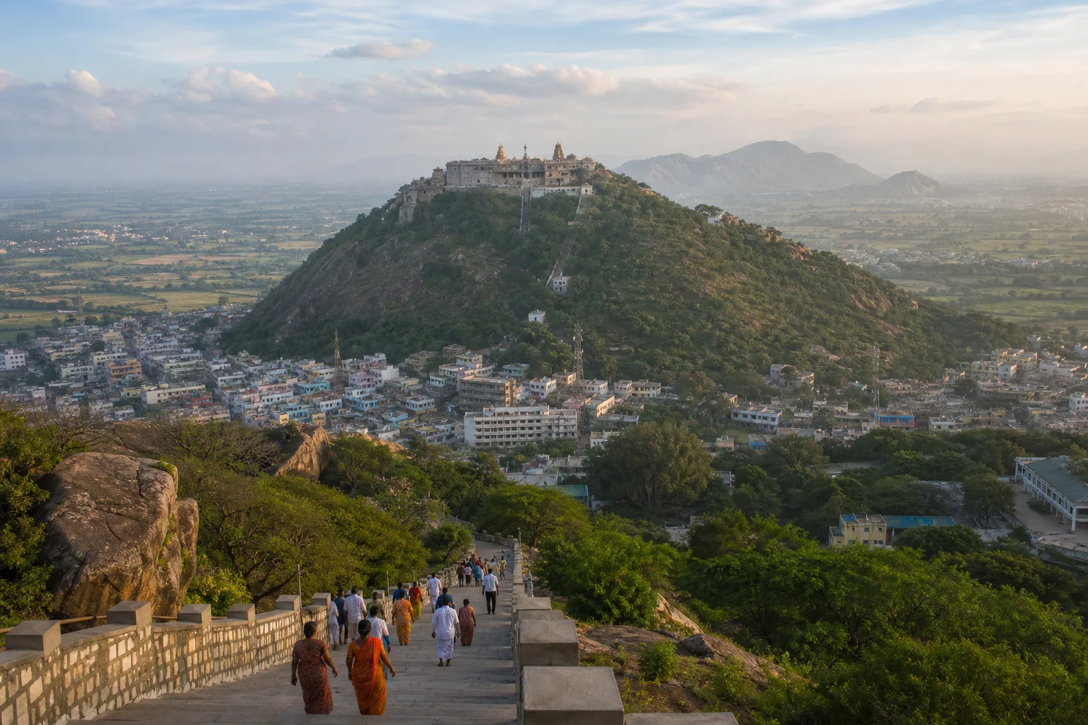 Editorial landscape interpretation of a sacred hill, pilgrimage path and Palani town in the surrounding plain