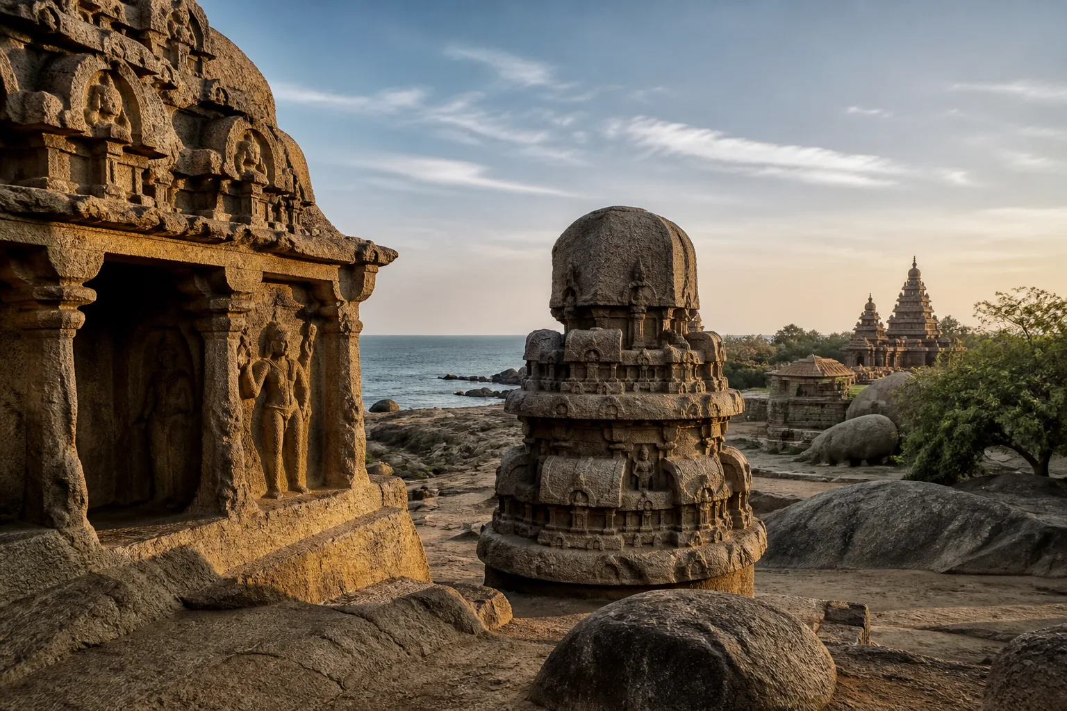 Project-created interpretation of Pallava rock-cut, monolithic and structural stone architecture in a coastal landscape