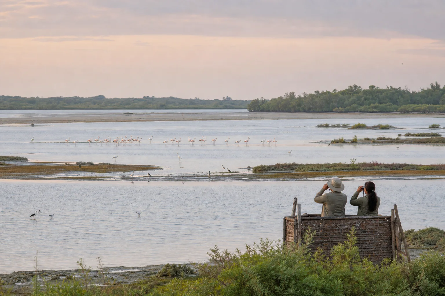 Editorial interpretation of birdwatchers observing distant waterbirds across the Point Calimere coastal wetland
