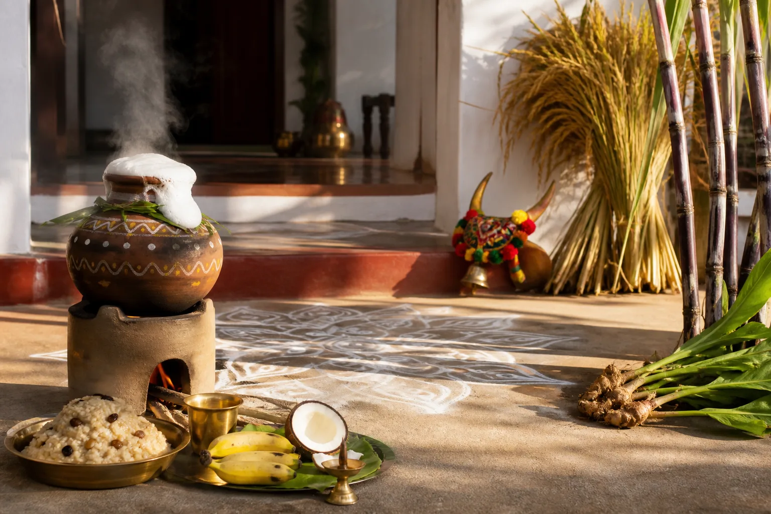 Project-created Pongal scene with an overflowing decorated pot, kolam, paddy, sugarcane and turmeric at a Tamil Nadu home threshold