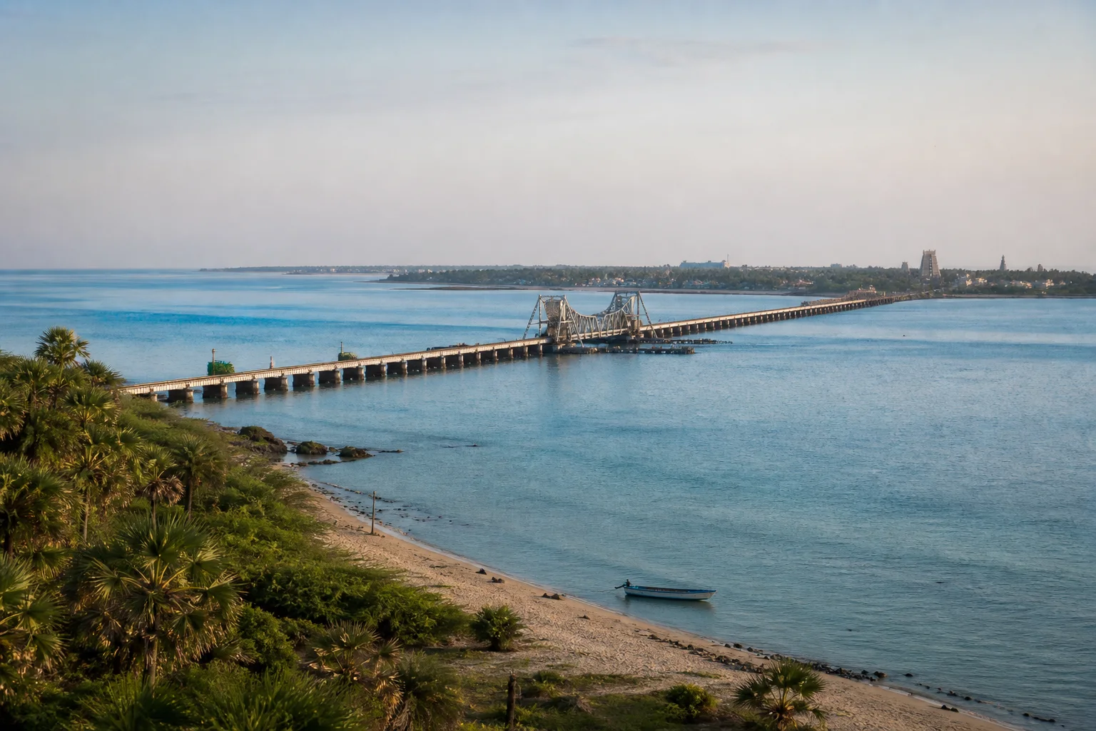 Editorial coastal interpretation of the Pamban sea crossing toward Rameswaram Island