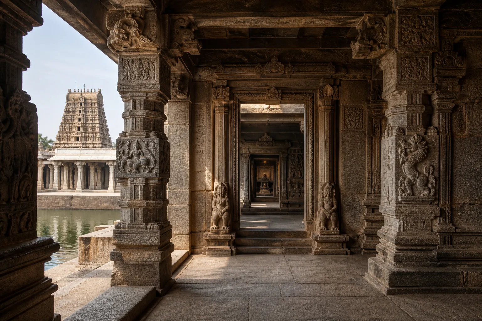 Project-created architectural interpretation of carved mandapa pillars, layered temple thresholds, a tank and a distant gopuram