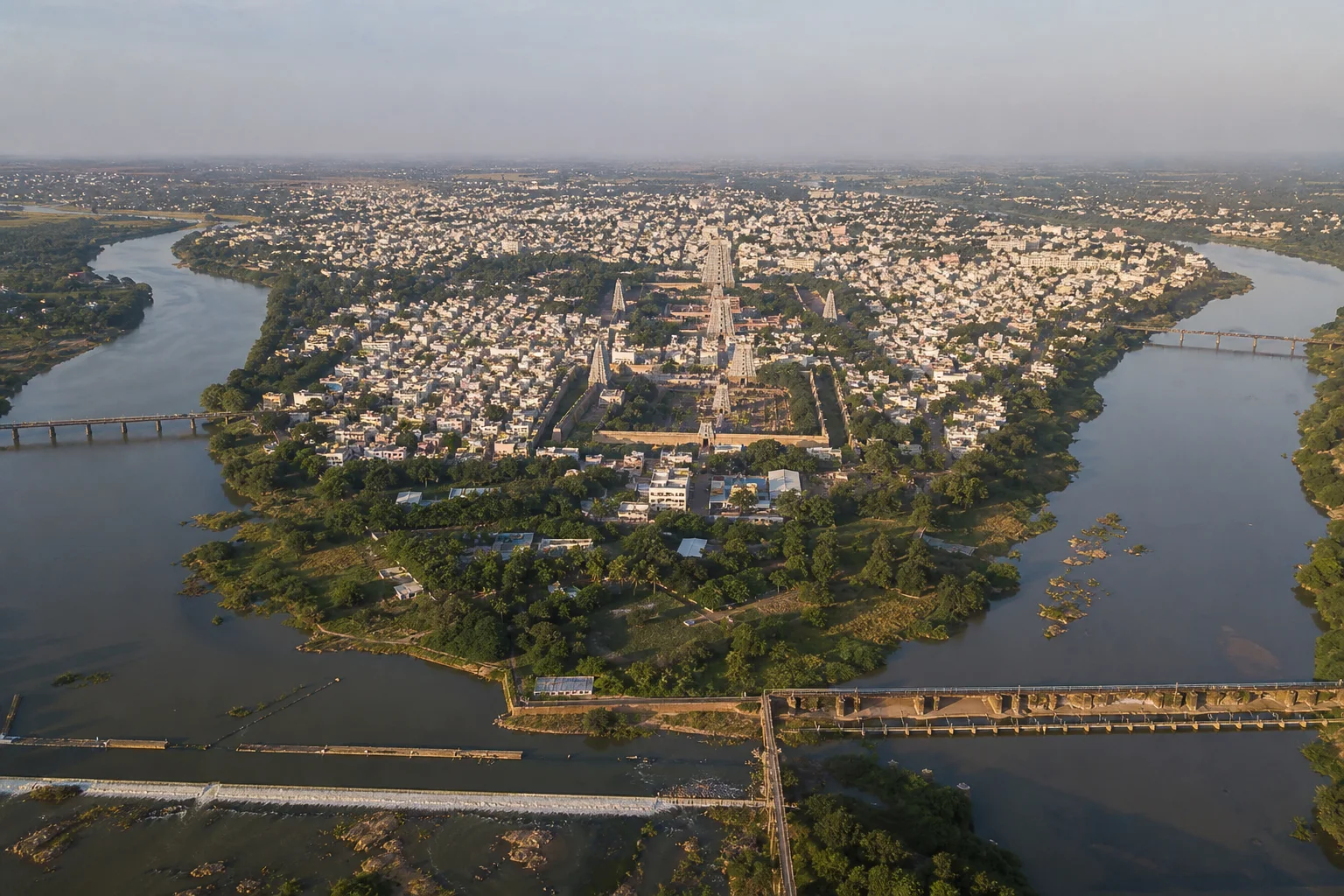 Editorial aerial interpretation of a South Indian temple town occupying a broad river island