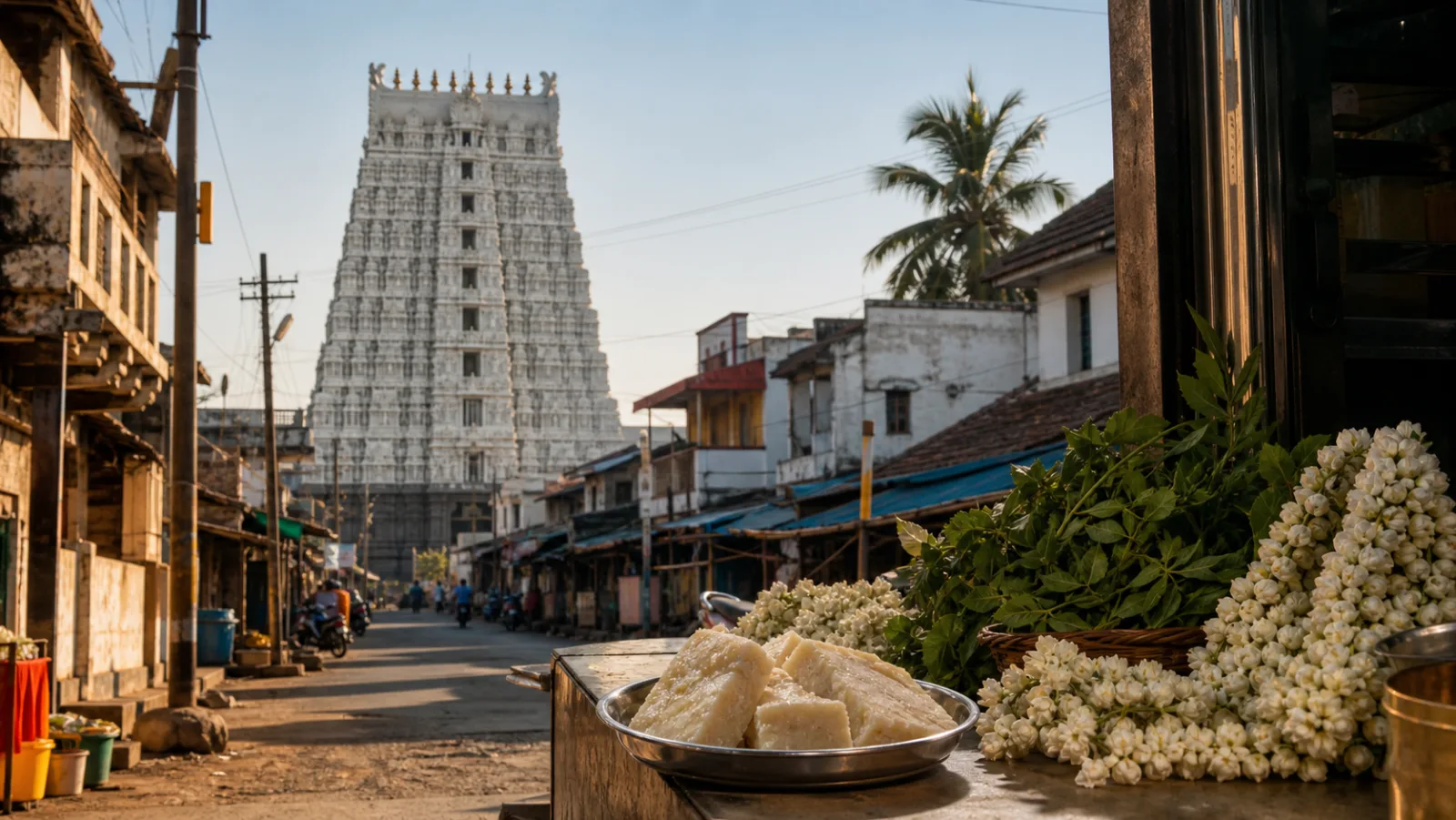 Editorial interpretation of a Srivilliputhur temple street with a gopuram, jasmine flowers and a dish of pale milk sweet