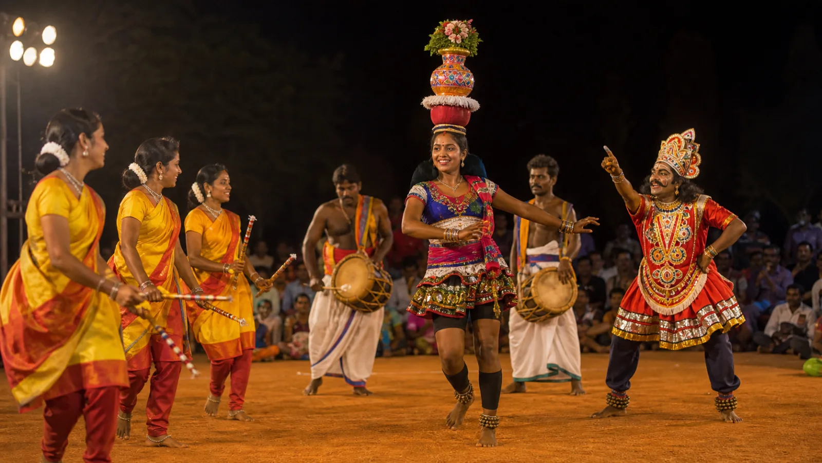 Editorial interpretation of a Tamil folk-arts evening with balance dance, rhythmic line movement, percussion and theatre costume