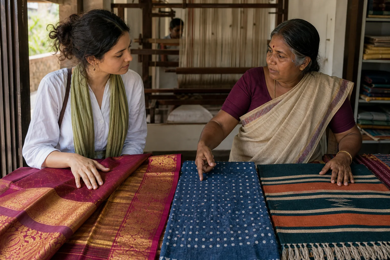 Editorial interpretation of an artisan explaining three different Tamil textile traditions to a visitor