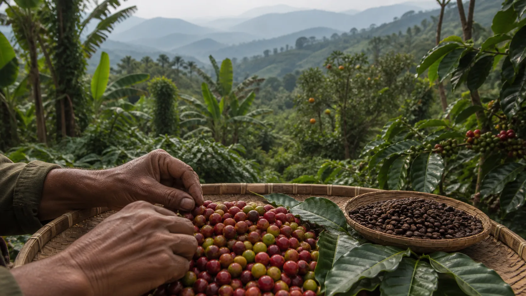 Editorial interpretation of hands sorting coffee cherries in a shaded mixed-crop Tamil Nadu hill farm