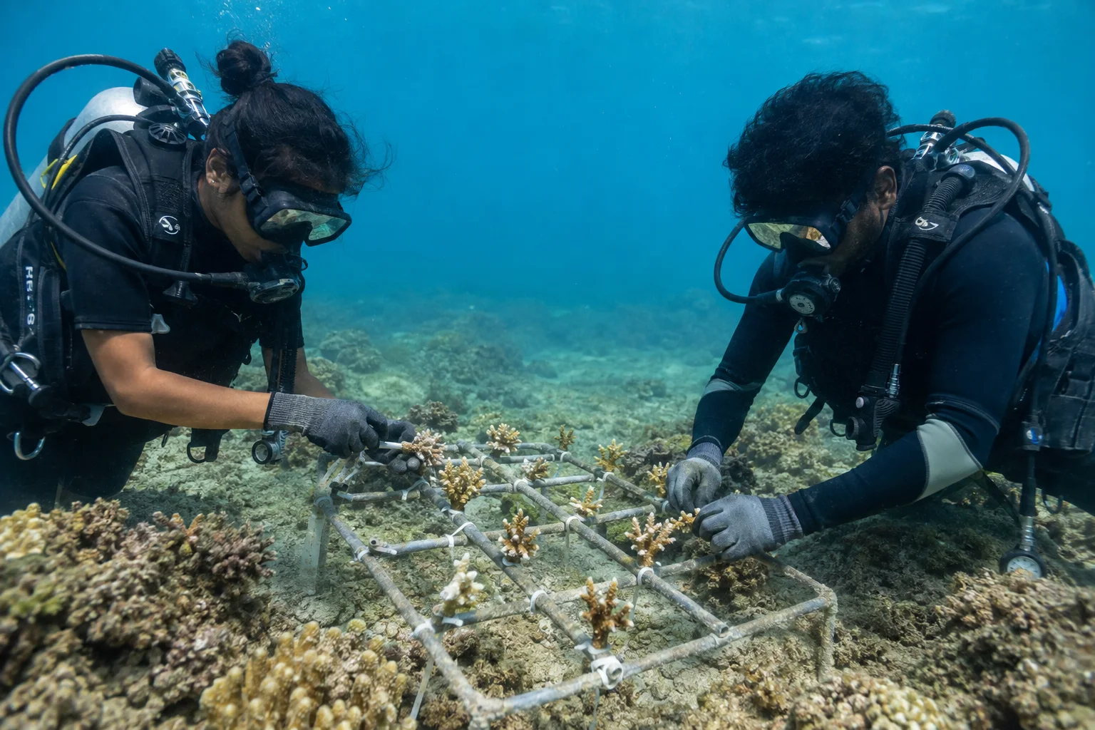 Editorial interpretation of trained marine researchers attaching coral fragments to a small underwater restoration frame