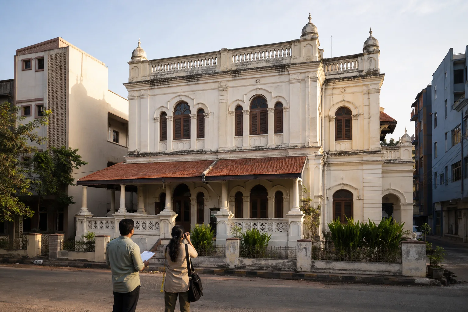 Editorial interpretation of conservation professionals documenting a fictional historic civic building in a Tamil Nadu streetscape