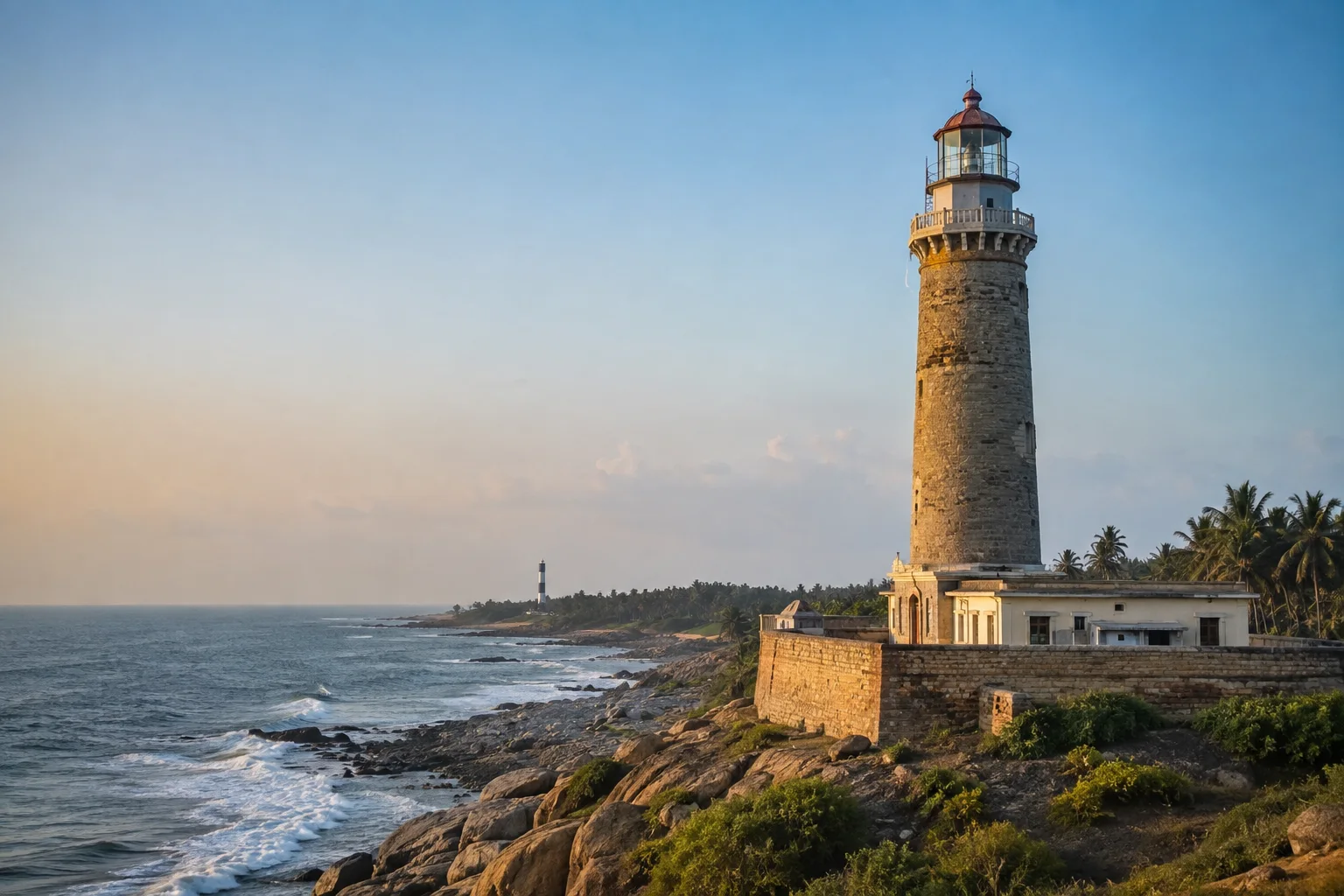 Editorial interpretation of a stone lighthouse on the Tamil Nadu coast with a second navigation light in the distance