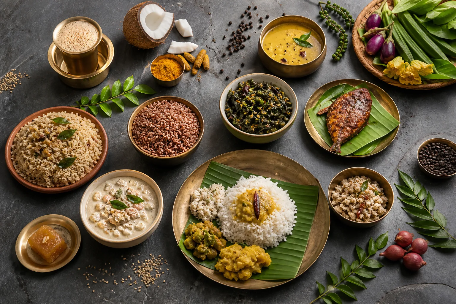 Project-created overhead editorial table with rice, millet, pulses, vegetables, coconut, fish, halwa, spices, and filter coffee