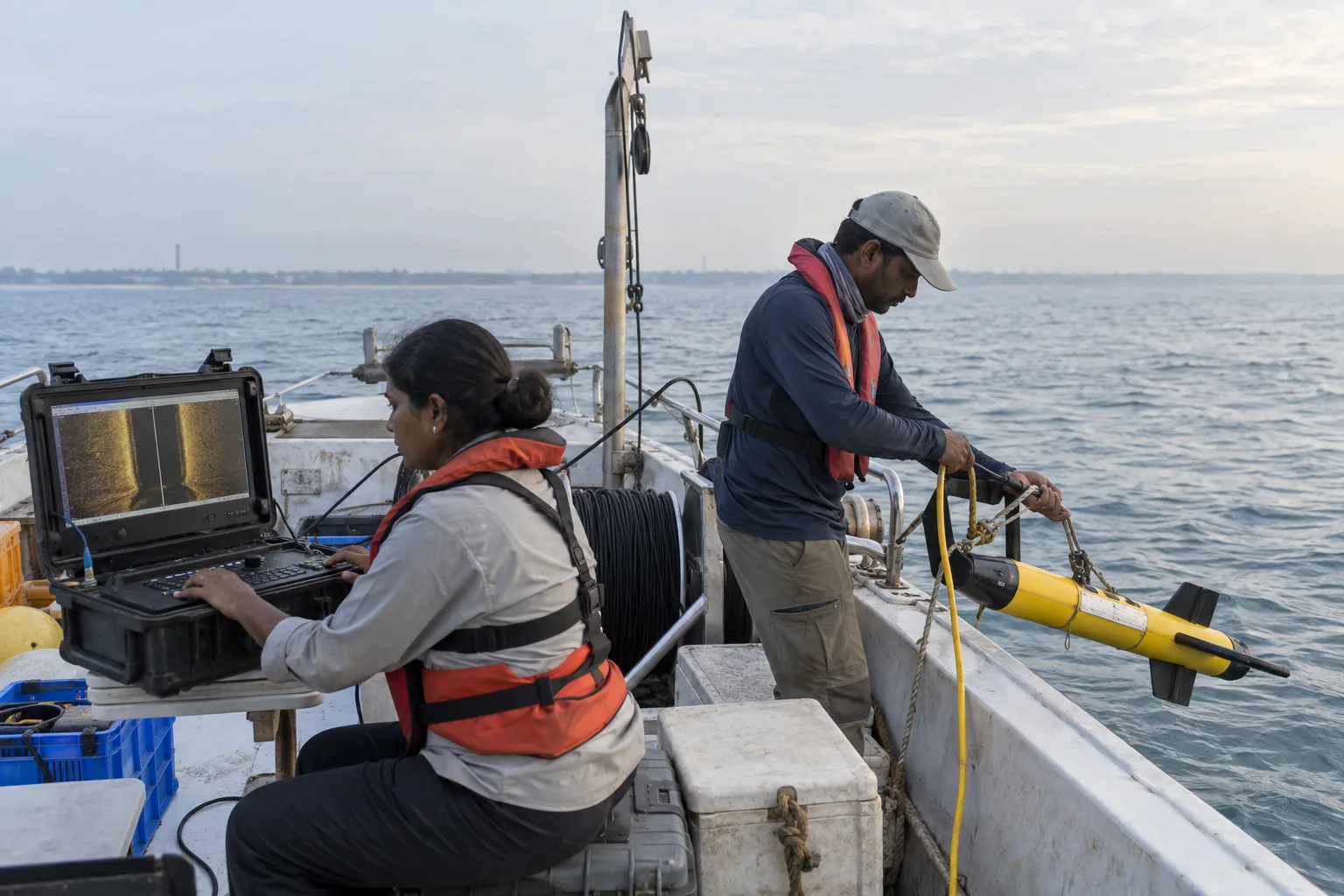Editorial interpretation of two marine archaeology researchers operating survey equipment from a small boat off the Tamil Nadu coast
