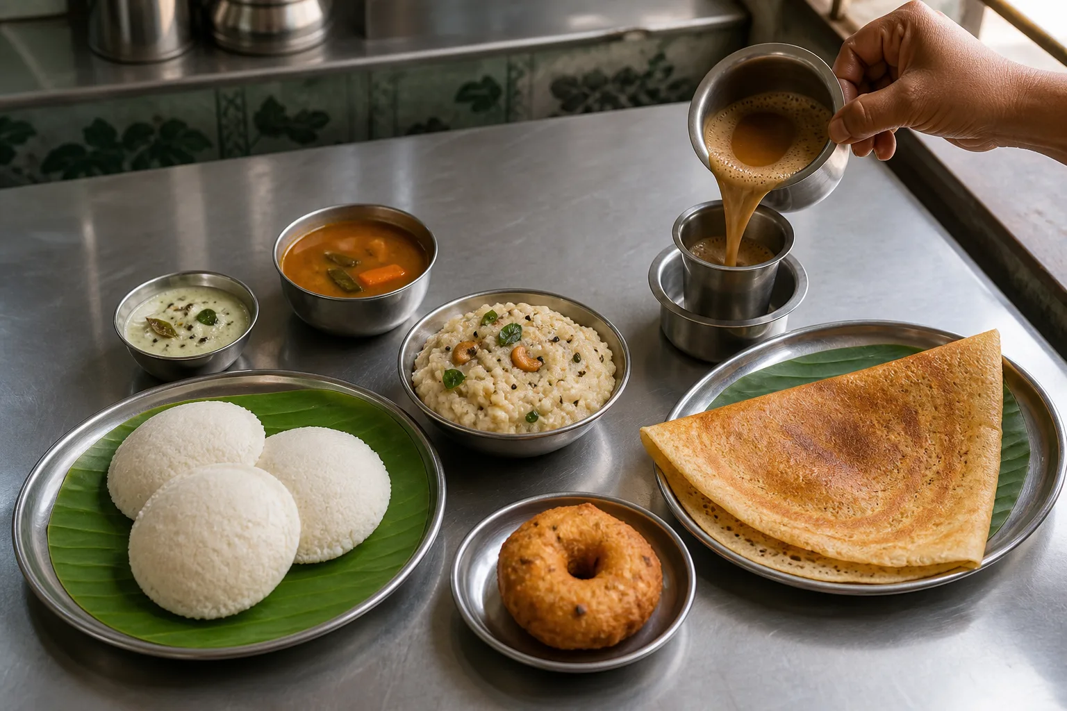 Project-created Tamil morning tiffin table with idli, folded dosa, ven pongal, vadai, chutney, sambar and filter coffee