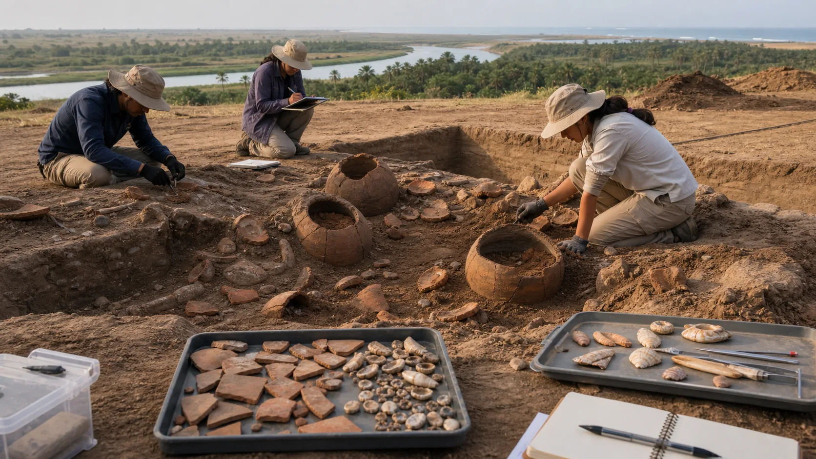 Editorial interpretation of archaeologists documenting pottery and worked shell in a Tamiraparani river-to-coast landscape
