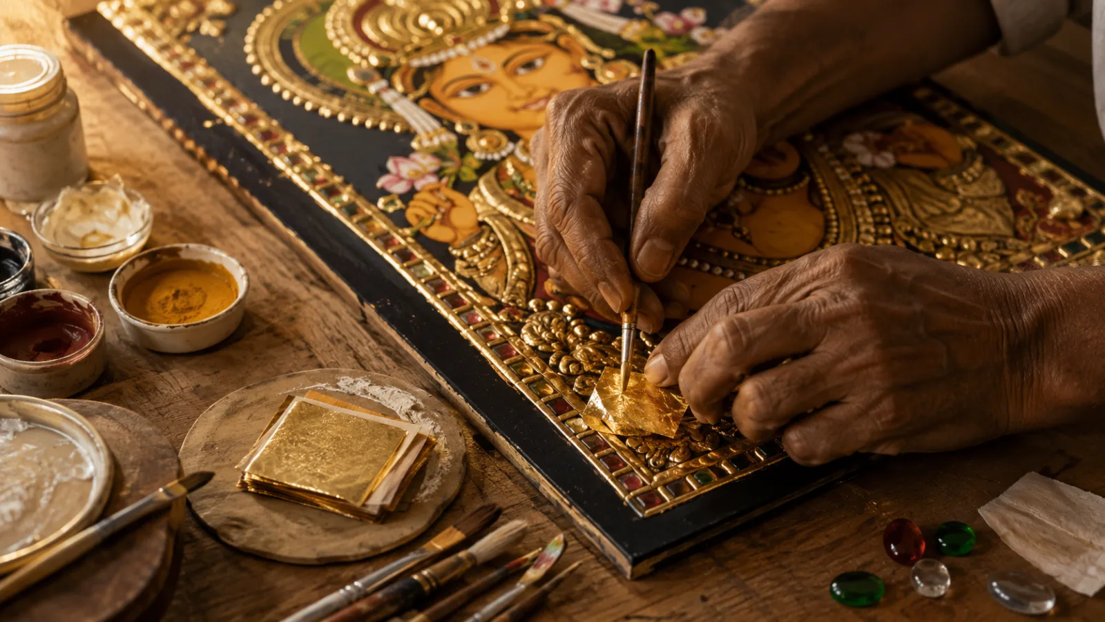 Editorial interpretation of an artisan applying gold leaf to raised ornament on a Thanjavur-style painting panel