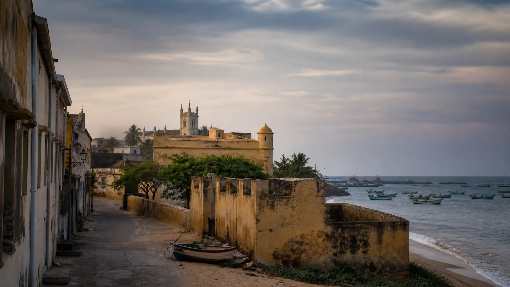 Editorial interpretation of Tharangambadi's weathered fort, historic street edge and working Bay of Bengal coast