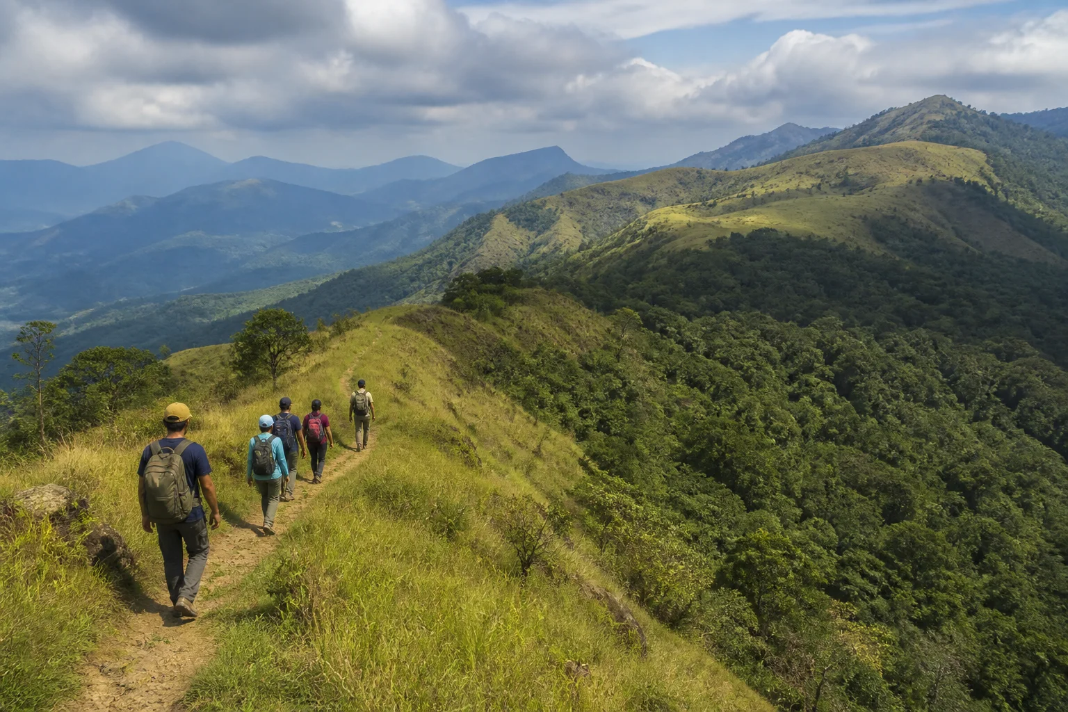 Editorial interpretation of a small guided hiking group on an established Tamil Nadu hill trail