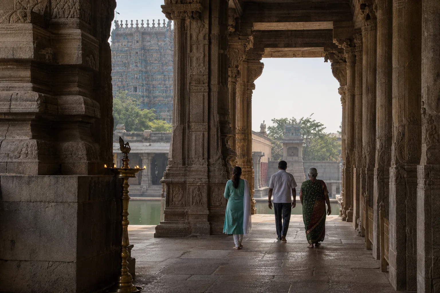 Project-created editorial view through a pillared Tamil temple passage toward a tank and gopuram