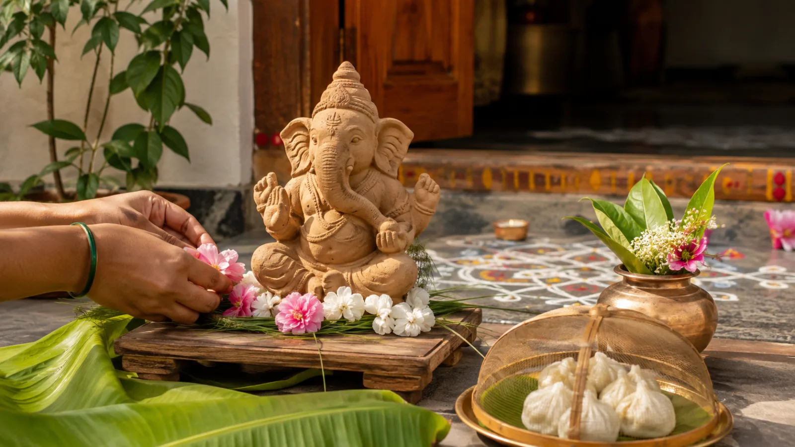 Editorial interpretation of a natural-clay Vinayagar image being decorated with flowers beside kolam and covered kozhukattai