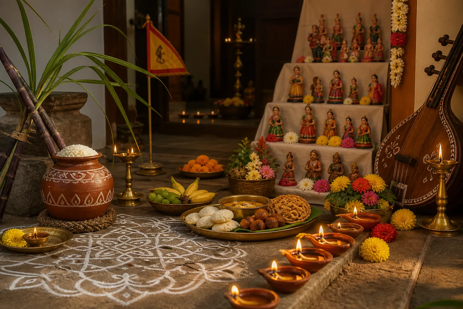 Project-created editorial arrangement of kolam, lamps, Pongal pot, Golu display, flowers and veena
