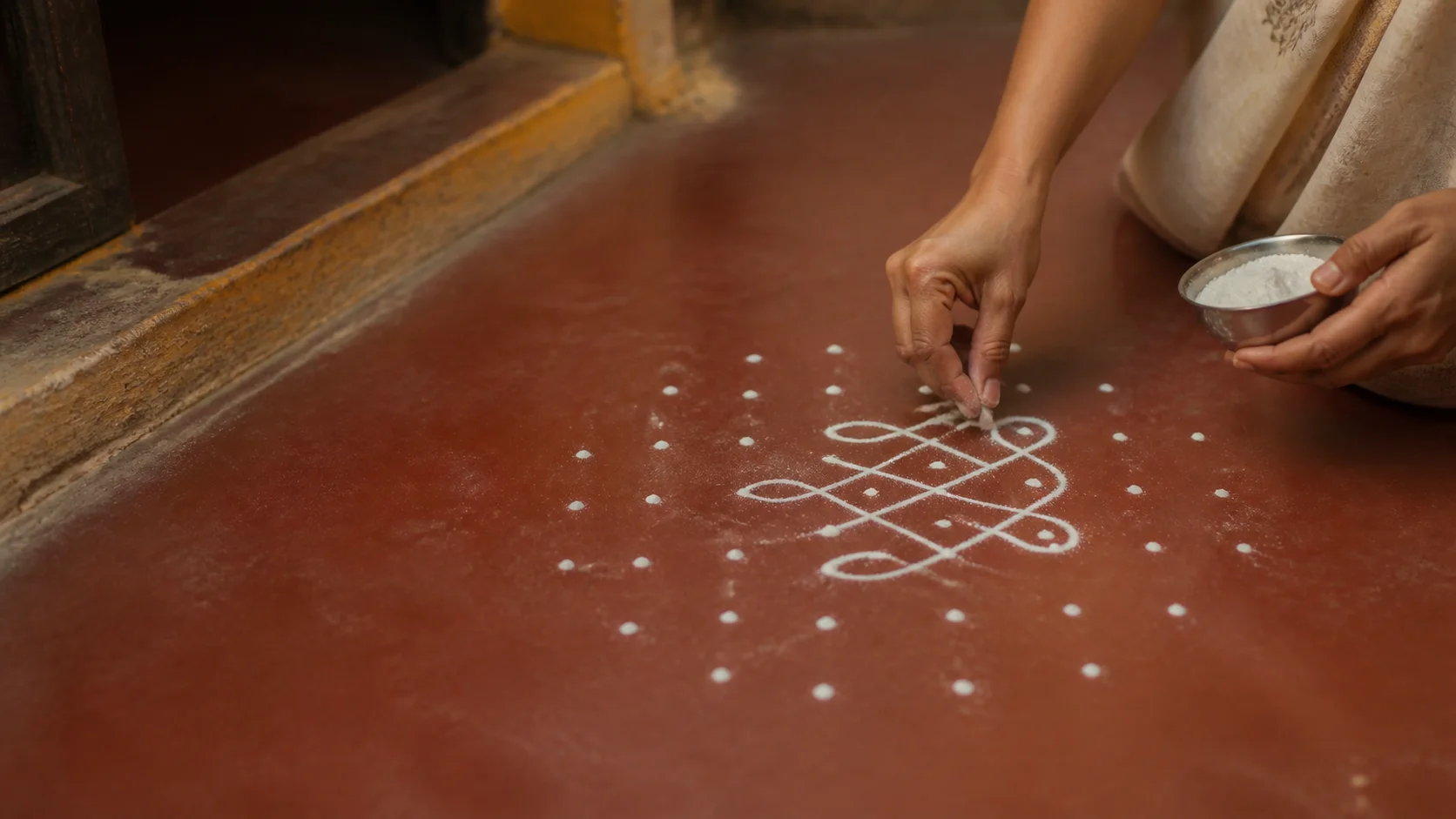 A project-created view of a pulli kolam in progress.