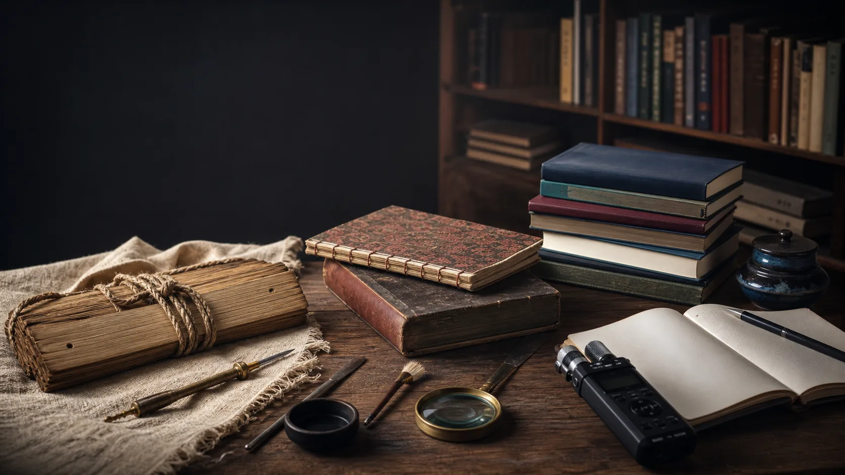 A staged editorial still life connecting manuscripts, books, preservation and contemporary listening.