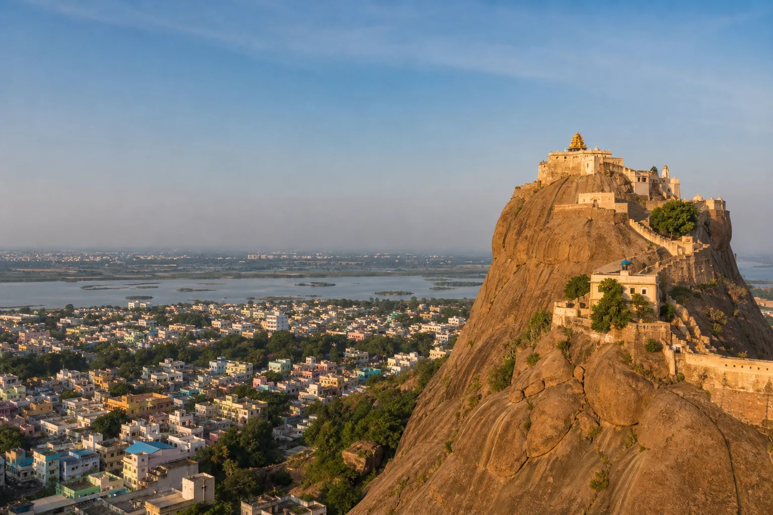 Editorial aerial view of Tiruchirappalli Rockfort above the city